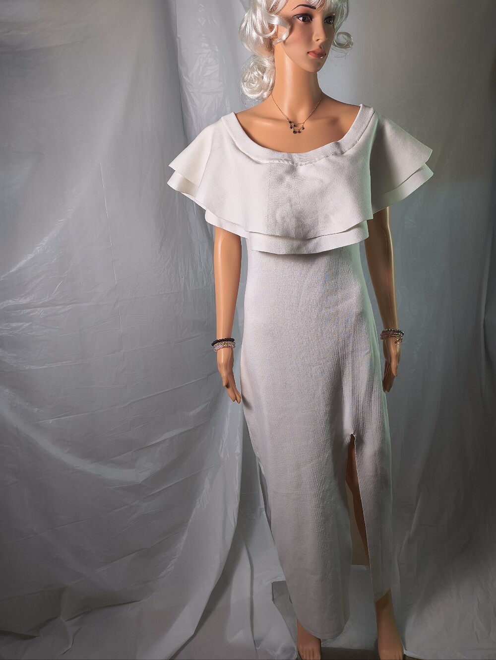 Endless Rose Ivory Off Shoulder Ruffle Maxi Sweater Dress Women's L